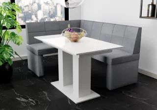 Eckbankgruppe 168x128 cm BLAKE R Stoff Soro Grau / Esstisch DANTE Weiß HGL