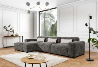 Ecksofa Designersofa ROMY MAX in Stoff Enjoy Me Taupe Ottomane Links