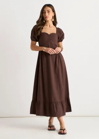 Braunes Zigeunerkleid mit Puffärmeln und Midaxi-Kleid
