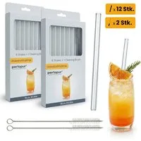 PerloPur Trinkhalme 12 Glasstrohhalme (gerade) Trinkhalme aus Glas 2 Reinigungsbürsten, (Strohhalme aus Glas mit Reinigungsbürste), 12 Strohhalme aus Glas