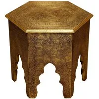 Casa Moro Beistelltisch Orientalischer Couchtisch Targa Höhe Ø 46cm (Holz Tisch komplett mit Messingintarsien verkleidet), in Antik Gold Look marokkanischer Sofatisch sechseckig