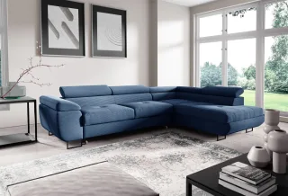 Ecksofa mit Schlaffunktion DECLAN Stoff Poso Blau Ottomane Rechts
