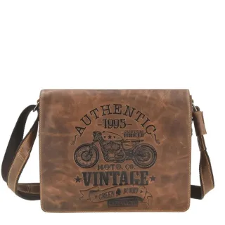 Kuriertasche mit Cafe-Racer-Prägung aus Leder in antikbraun Format A4 | Greenburry. Coole Umhängetasche für Herren mit praktischen Stiftschlaufen.