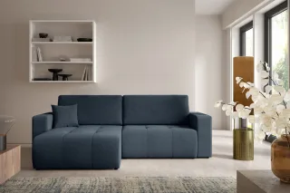 Ecksofa Sofa mit Schlaffunktion AUGUSTO in Stoff Wind Dunkelblau Ottomane Links