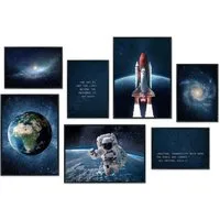 Hyggelig Home Poster Weltraum, Premium Poster Set OHNE & MIT Rahmen, 7 Wandbilder Astronaut, Weltall (Set, 7 St), Collage Rakete, Qualitätsdruck auf dickem Papier