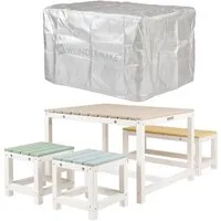 WONDERMAKE Garten-Kindersitzgruppe aus Holz ab 3 Jahre, Outdoor Indoor Kinder-Sitzgarnitur draußen weiß, (1x Tisch, 1x Bank, 2x Hocker, 4-tlg), Gartenmöbel-Set Sitzgruppe Garnitur drinnen, 4 Plätze, Picknick-Gruppe
