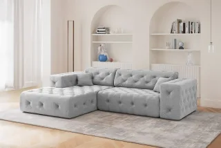 Ecksofa Designersofa CHANTAL in Stoff Moly Hellgrau Ottomane Links