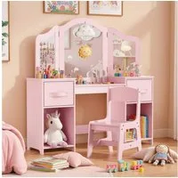 TLGREEN Schminktisch Kinderschminktisch 2 in 1,mit Abnehmbarem Spiegel (108x30x114 cm), Schminktisch Mädchen,Schreibtisch mit Hocker