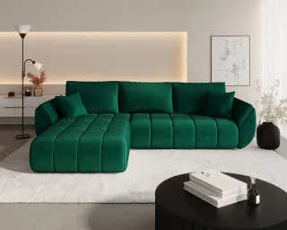 Ecksofa Schlafsofa MISATO Stoff Monolith Grün Ottomane Links