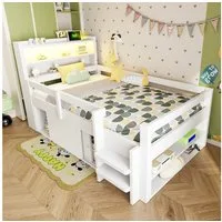 Flieks Kinderbett, Halbhochbett 90x200cm, Schrank mit Schiebetüren, LED-Leiste & Aufladen