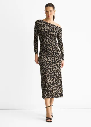 Graues Animal-Jersey-Tier-One-Shoulder-Midikleid