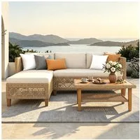 PHI VILLA Gartenlounge-Set, (1 Zweisitzer-Sofa, 1 Chaiselongue und 1 Kleiner Couchtisch, PE Rattan Lounge Möbel Outdoor), 4 Personen Terassenmöbel Außen Gartensofa, Beige und Dunkelblau