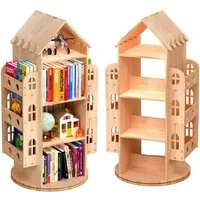TUWENA Bücherregal 4 Massivholz Drehbares Bücherregal, 360 Grad Kinderregal, Standregal, Lagerregal Mit 4 Ebenen 2 Seitenregalen, Regal Hausform, 59x125x59cm