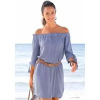 LASCANA Strandkleid mit Carmenausschnitt und 3/4-Ärmeln aus gewebter Viskose, Blusenkleid luftiges Sommerkleid, Streifenkleid mit lockerer Passform, casual
