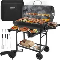 Kaminer Standgrill Holzkohlegrill Grillwagen Barbecue, Deckelthermometer, 2 Grillroste, Abdeckung, Zubehör-Set