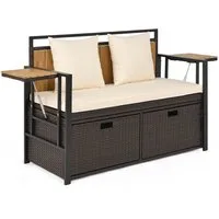 COSTWAY Gartenbank, Polyrattan mit Stauraum, klappbaren Seitenablagen & Kissen 120cm