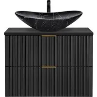 Lomadox Waschtisch ADELAIDE-56-BLACK, schwarz gerillt Keramik-Waschbecken schwarz marmoriert 81/75/46,5 cm