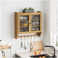 HAUSS SPOLE Hängeschrank 30cm Wandschrank Badezimmerschrank Küchenschrank mit Handtuchhalter (Vintage 63 cm Wandregal mit Doppelglastüren – 3 Stufiger Stauraum mit Handtuchhalter, Naturholz – Wandmontage für Badezimmer, Küche, Esszimmer – Stabil & Pl
