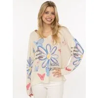 Zwillingsherz Langarmshirt "Crazy Flower" Blumendesign, V-Neck, leichtes Material