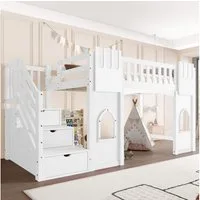 Merax Hochbett (Jugendbett Einzelbett, 1-St., Hausbett) Massivholz Kinderbett 90x200cm mit Stauraumtreppe Fenstern & Geländer