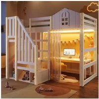 Flieks Hochbett Kinderbett Hausbett 90×200cm mit LED, Gazevorhang, Stauraumtreppe