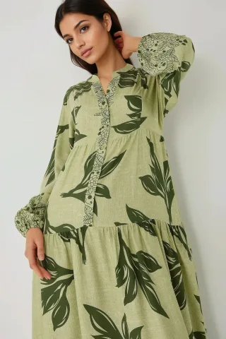 Bedrucktes langärmliges Viskose-Maxi-Kleid