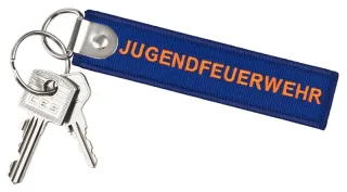 Jugendfeuerwehr Schlüsselanhänger | Paco | blau | 120x27mm | Polyester | mit verstärkter Metallplatte und Schlüsselring | Feuerwehrgeschenk