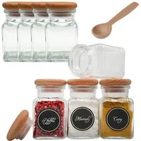 mikken Gewürzbehälter 8 Gewürzgläser 150 ml eckig mit Holzdeckel + 24 Etiketten + Löffel, Mit Holzdeckel, Dosierlöffel, und Gewürzetiketten
