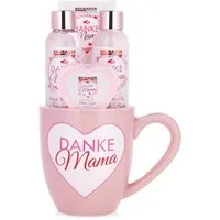 BRUBAKER Pflege-Geschenkset Dusch Set "Danke Mama" mit Rosen Vanille Duft, Badeset Geschenk, 5-tlg., Muttertagsgeschenk Tasse, Geschenkset in Becher, Pflegeset
