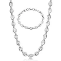 LuxusKollektion Ketten und Armband Set Halskette Herren Edelstahl 11mm Silber Kaffeebohne 9mm 51.0 Zentimeter
