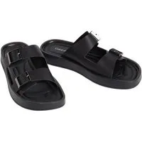 Calvin Klein ERGON DOUBLE BAR SANDAL LTH Pantolette Strandschuh, Sommerschuh, unifarbener Flat mit Logoschriftzug