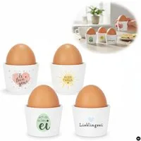 LS-LebenStil Eierbecher 4x Porzellan Eibecher Set Sprüche lustig witzig Gute Laune Eierhalter, (Exklusive edle Eihalter, perfekte Deko am Frühstückstisch, 4-tlg., für das perfekte Frühstücksei, Geschenk zur Hochzeit, Verlobung), Muttertag, Vatertag, 