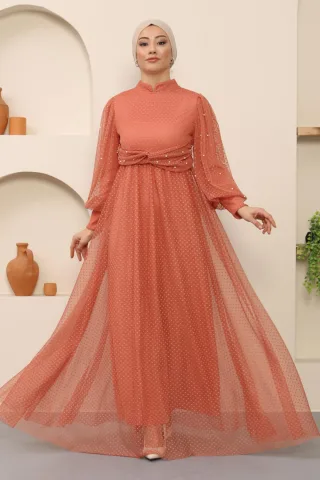 Perlen Detailed Tüll Abendkleid Lachs