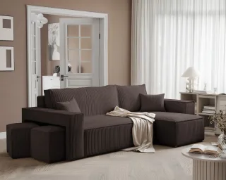 Ecksofa Schlafsofa Sofa ADARA inkl. Hocker Stoff Poso Dunkelbraun Ottomane Re...
