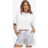 Imily Bela T-Shirt Damen Oversize Cropped Kurzarm Sommer Basic Casual mit Brusttasche (Packung, 1-tlg., 1per-Pack) mit Rundhalsausschnitt in Unifarbe