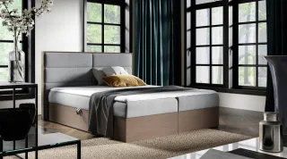 Boxspringbett Bett LAMBROS 160x200cm Dunkel Eiche Stoff Grau inkl. Bettkasten