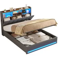 MSMASK Polsterbett Hydraulisches Stauraumbett mit LED-Bleuchtung, 90X200 cm (1-tlg., Ohne Matratze), Jugendbett mit USB- und Type-C-Anschlüsse, Leinenstoff