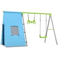 AIYAPLAY Schaukelgestell 3-in-1-Schaukel für Kinder, aus Metall, (mit Spielzelt, Turnringen, 1-tlg., Kinderspielplatz-Spielset für den Garten im Freien), 3-in-1 Design mit Zelt, Schaukel und Turnringen