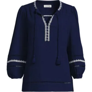 Musselin-Schlupfbluse mit 3/4-Ärmeln, Damen,  Blau, Baumwolle, by Lands' End