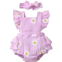 Gluckids Strampler Sommer Outfit für Babymädchen, Body mit Rüschen aus Baumwolle Haarband (Set, 2-tlg) mit Blumenmuster,Krabbelkleidung für Neugeborene, festliche Party