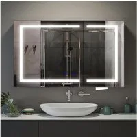 H.yeed Spiegelschrank Bad mit Beleuchtung und Steckdose, Verstellbares Regal, Entfogging-Funktion, Wandmontage