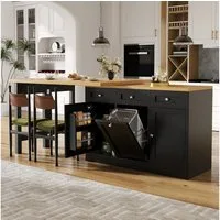 Flieks Kücheninsel Küchenschrank mit 360° drehbarer und klappbarer Arbeitstisch, (Holzoptik Tischplatte Tiefe 40-80cm, Längenverstellbar 120-200cm), ausziehbarer Esstisch & Mehrzweckschrank mit Mülleimerhalter Schwarz