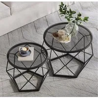 VASAGLE Couchtisch rund, Wohnzimmertisch, modern, Satztisch, Metall (2er Set, inkl. Zubehörpaket & Anleitung, Glas), Beistelltisch, abnehmbare Tischplatte, Ø50x40cm+Ø40x36cm