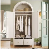 HAUSS SPOLE Kleiderschrank in Bogenform,Garderobenschrank mit Kleiderstange und Schubladen,Weiß (Landhausstil mit offene halbrunde Ablage,mit Kippsicherungen) mit Magnetverschluss und Lochabdeckungsaufklebern