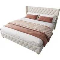 Flieks Polsterbett, Massivholz Doppelbett 160x200cm mit Lattenrost und Polster-Kopfteil
