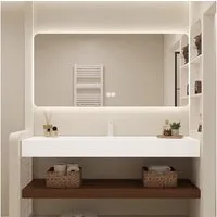 Muxing Badmöbel-Set mit Waschbecken, wandhängend, aus weiß Sinterstein, (3-St), LED-Spiegel mit Anti-Beschlag, braune Ablage – modern & platzsparend