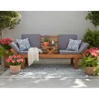 Wohnando Sitzbank Gartenbank "Monte" 202x 67x87cm (BxTxH), massives Akazienholz, FSC (1-St), braun, graue Sitzauflage, ausklappbarer Tisch, umklappbare Seitenteile