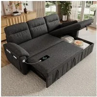 Merax Ecksofa mit Schlaffunktion, L-förmiges Sofa wechselbarer Ottomane links/rechts, 1 Teile, 3-Sitzer Sofa Chenille Schlafsofa mit USB & Type-C Anschluss, Stauraum