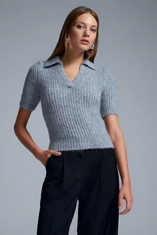 Damen Fitted Ripp-Polo Pullover