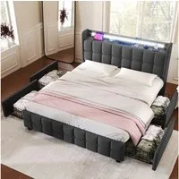 Flieks Polsterbett, LED-Beleuchtung Doppelbett 180x200cm mit Ladefunktion und 4 Schubladen